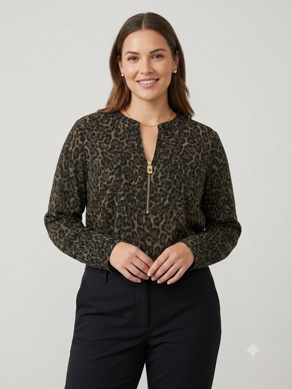 MICHAEL Michael Kors Leopard Print Zip Front Blouse XL Olive Brown Long Sleeve
